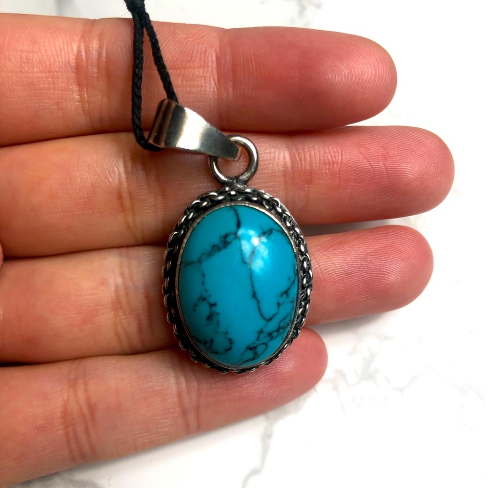 Vintage 925 Sterling Silver Chunky Turquoise Pendant Mexico